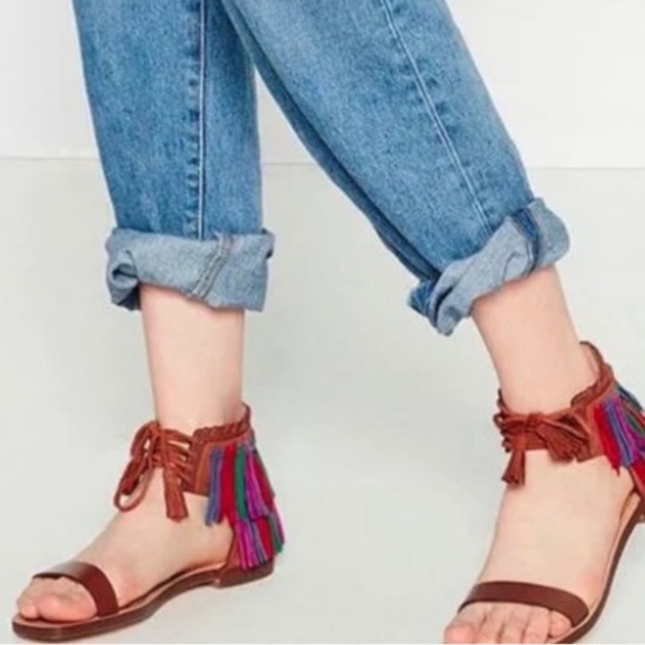 ZARA Fringed Flat Suede Leather Sandals Size 8 - Picture 3 of 9